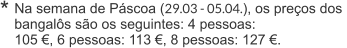 Na semana de Páscoa (29.03 - 05.04.), os preços dos  bangalôs são os seguintes: 4 pessoas:  105 €, 6 pessoas: 113 €, 8 pessoas: 127 €. *